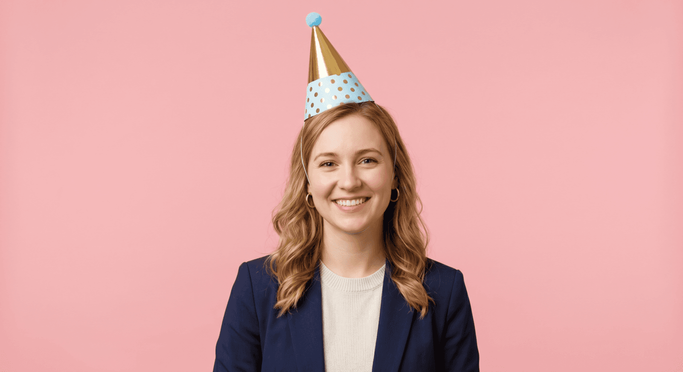 Smiling person in a birthday party hat